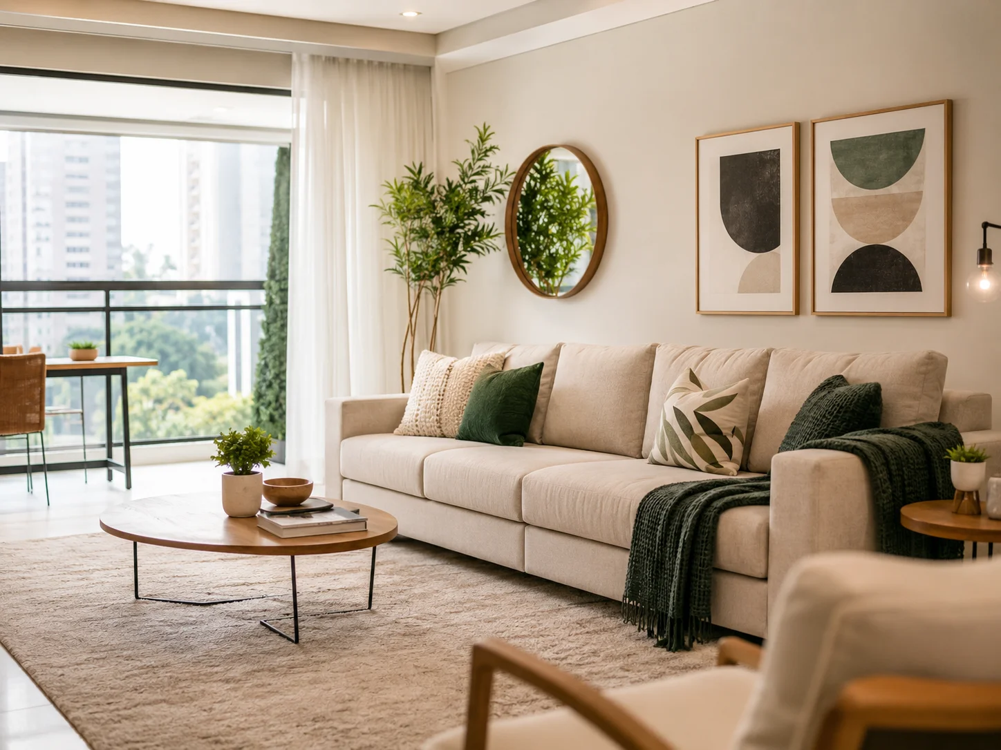 Sala decorada com itens econômicos: tapete, quadros geométricos, almofadas e luminária articulada