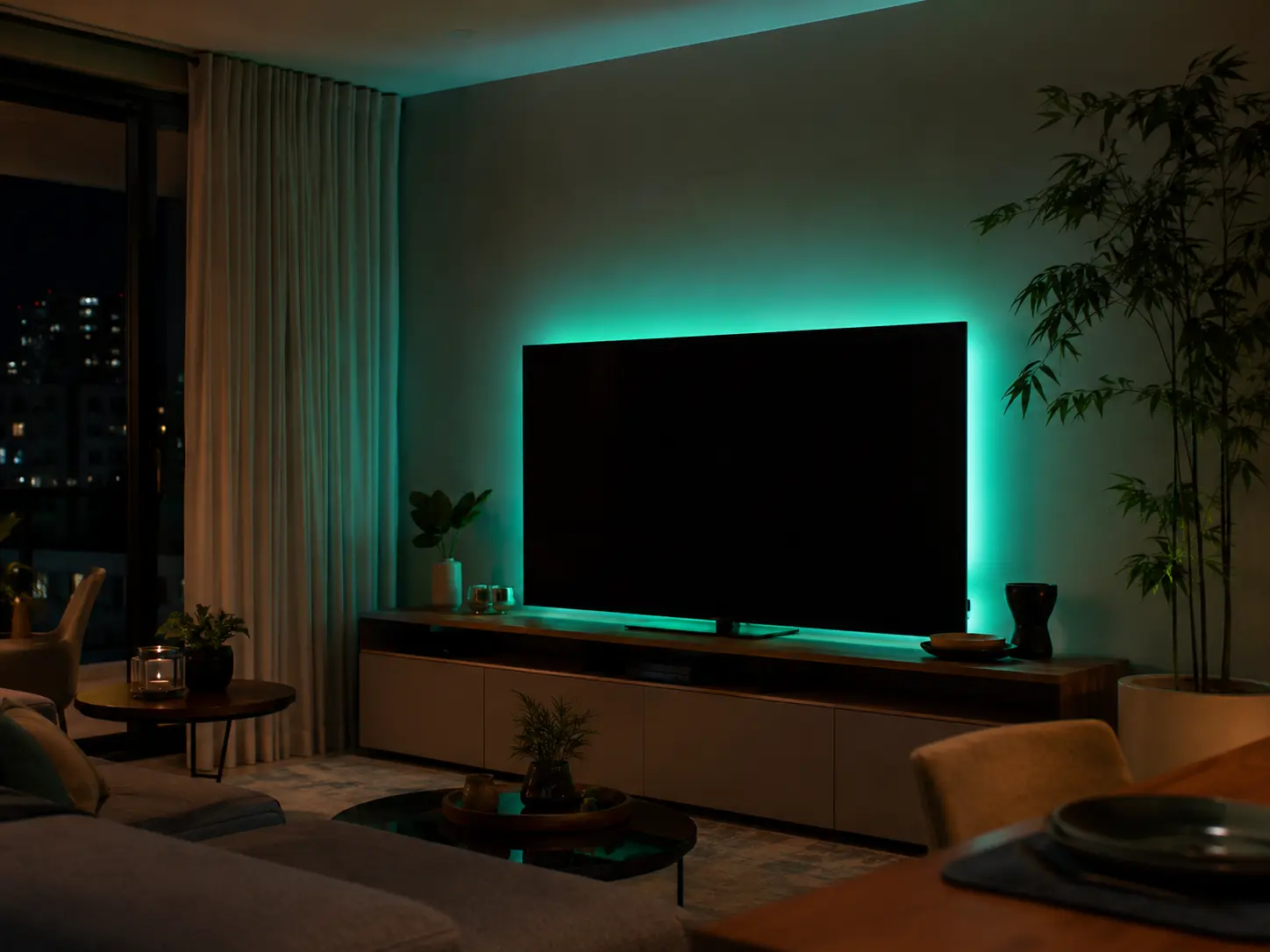 Sala com fita LED instalada atrás da TV criando luz indireta colorida na parede