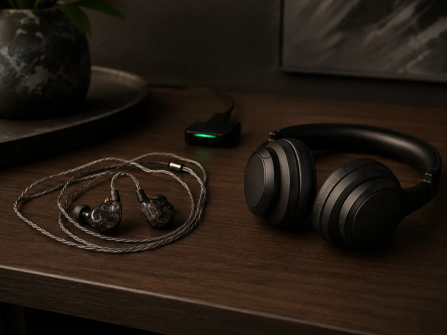Dois pares de fones de ouvido sobre uma mesa de madeira: um intra-auricular com fio e um on-ear sem fio JBL